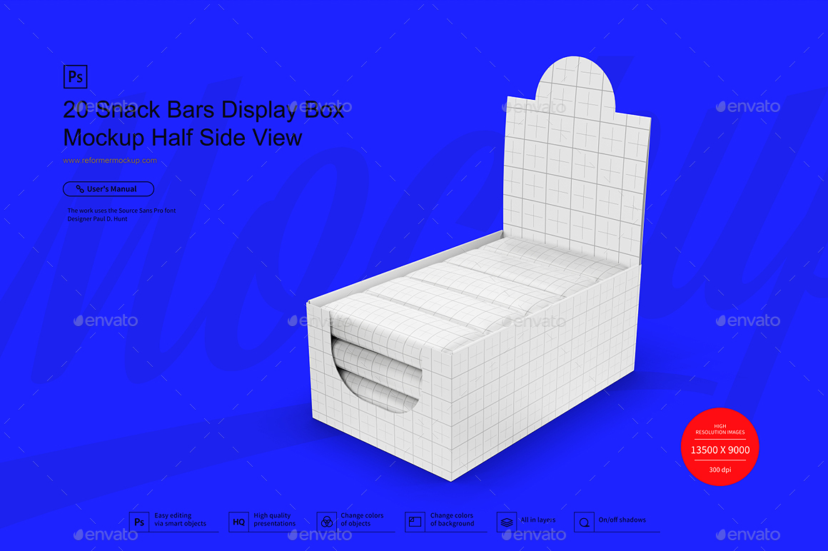 20 Kraft Snack Bars Display Box Mockup Half Side View by _Reformer_